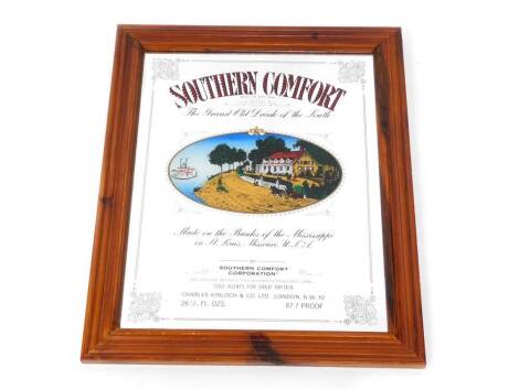 A Southern Comfort advertising wall mirror, "The Grand Old Drink Of The South, stained pine framed, 65cm high, 53cm wide.