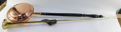 A Victorian copper warming pan, with ebonised handle and a period brass and silver plated post horn, stamped 7155 A.HAYES MANUFACTURER LONDON. (2) - 2
