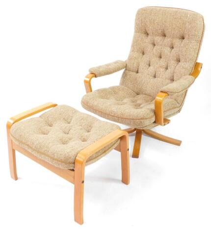 A light bentwood swivel armchair, upholstered in button back brown oatmeal fabric, together with a matching stool.