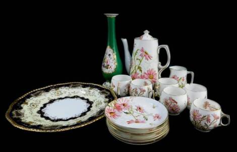 A George Jones late 19thC porcelain part coffee service, decorated with pink meadow flowers, pattern no 6265, printed and painted marks, comprising coffee pot, cream jug, six cups and saucers, together with an early 19thC porcelain spill vase, of baluster