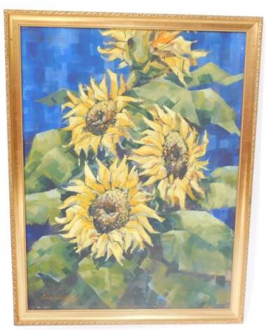 Jonathan Espin-Hempsall (British, late 20thC). Sunflowers, oil on canvas, signed, dated '65, 76.5cm high, 57.5cm wide.