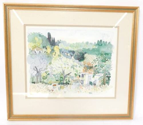 Clare Winteringham (British, 20thC/21stC). Garden landscape, watercolour, signed, verso label for The Helios Gallery, Birmingham., 37cm high, 47cm wide.