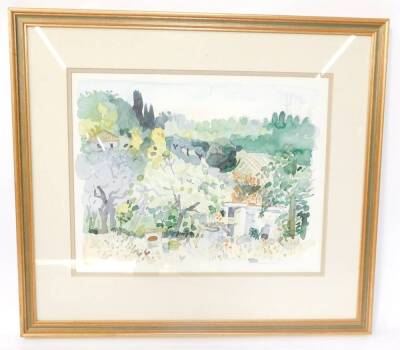 Clare Winteringham (British, 20thC/21stC). Garden landscape, watercolour, signed, verso label for The Helios Gallery, Birmingham., 37cm high, 47cm wide.