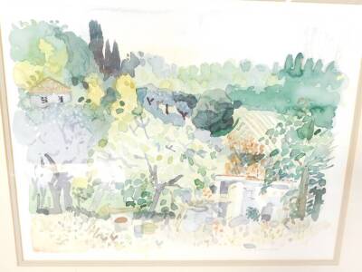 Clare Winteringham (British, 20thC/21stC). Garden landscape, watercolour, signed, verso label for The Helios Gallery, Birmingham., 37cm high, 47cm wide. - 2
