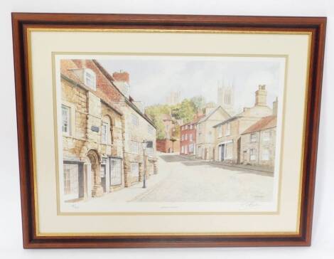 R G Barton (British). Steep Hill, Lincoln., limited edition print 18/300, signed, 33cm high, 46cm wide.