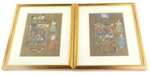 Indian School (19thC). Indian Princes and attendants on a big game hunt, in a surround of animals, birds and figures, watercolour, 24cm high, 15.5cm wide.