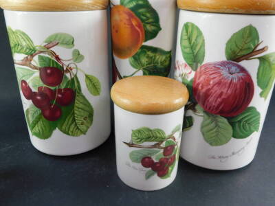 Four Portmeirion pottery storage jars decorated in the Pomona pattern, with wooden lids, together with a Pomona pattern water jug. (5) - 2