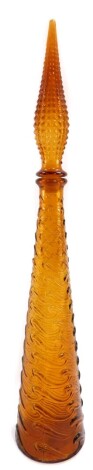 An Empoli vintage amber glass bottle and stopper, of tapering form, moulded with bands of waves, 57cm high.