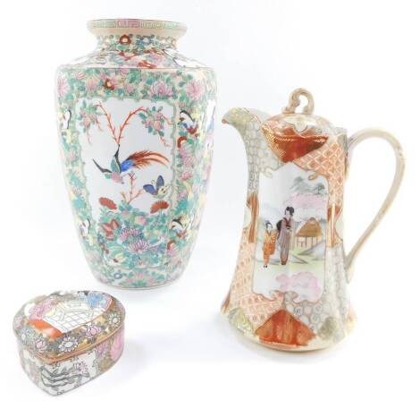 A Chinese Republic Canton famille rose porcelain vase, of shouldered ovoid form, decorated with panels of birds and figures in a garden , against a floral ground, 31cm high, together with a heart shaped porcelain box and cover, 10cm wide, and a Japanese 