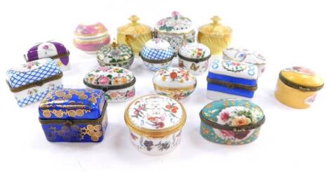 Limoges and other porcelain boxes, some with brass mounts, variously decorated, together with four caskets. (a quantity)