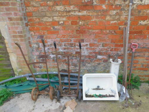 Two sack barrows, a canopy, wash basin and pedestal and tools.