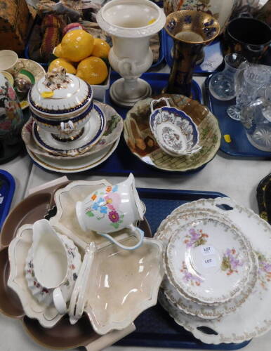 Pottery and effects, including a Royal Doulton Rheims transfer printed bowl, Masons Patent vase C1566., pottery lemons, 9cm wide, a part service, hors d'oeuvres dish, Royal Doulton Canterbury pattern dish, etc. (2 trays)