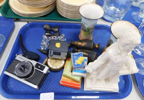 An Olympus Trip 35 camera, a pair of Burleigh Ware vases, resin figure of Mozart, a Swiss alarm clock, playing cards, etc. (1 tray)