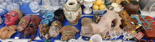 Eastern style puppet heads, 15cm high, a domed casket, Grecian style head ornament, Tribal style masks, etc. (4 trays)