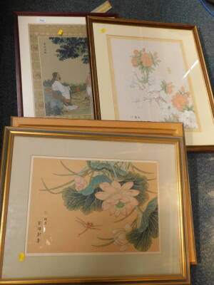 Oriental pictures, embroidered print, 49cm x 36cm, frames, pictures, prints, etc. (a quantity)