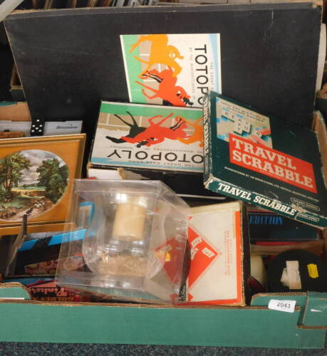 Bygones and collectables, Totopoly, Travel Scrabble and other games, a Constable print, etc. (2 boxes)