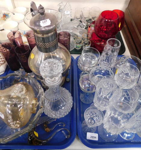 Glassware, to include drinking glasses, squirrel ornament, and another of a rearing horse, eagle, a decanter, 27cm high, decorative glassware, etc. (3 trays)