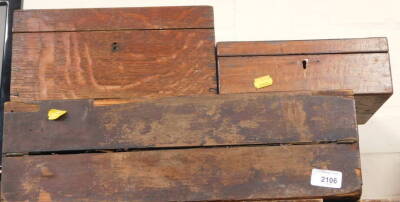 Various boxes to include a late 19thC oak jewellery box of rectangular form 15cm high, a mahogany box and a writing slope. (AF). (3)