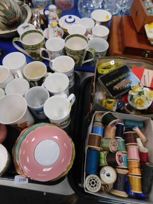 China and effects, etc, cotton thread and other sewing related items, kitchen ware, cups, part services, etc. (3 trays)