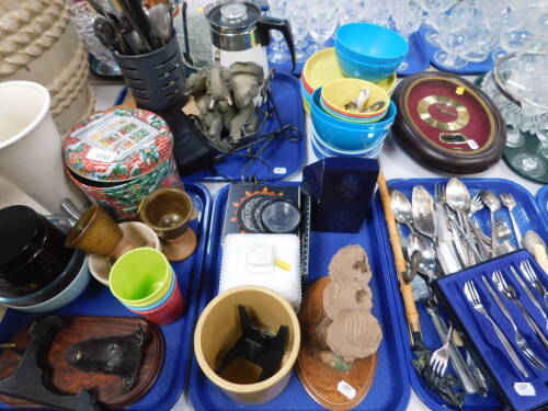 Bygones, collectables, kitchenalia, etc., to include flat ware, serving pieces, dog headed wall hanging peg, 23cm high., owl ornament, goblets, wall clock, shoe horn, etc. (4 trays and other)