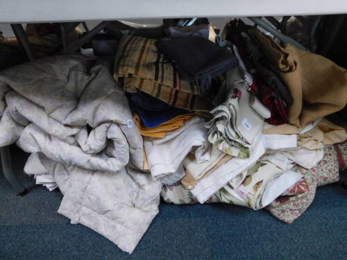 Assorted linen, curtains, material, soft furnishing, etc. (a large quantity)