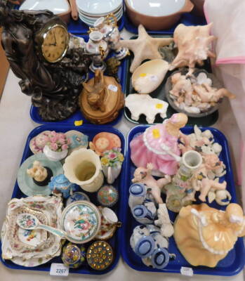 Decorative china and effects, to include two Leonardo collection figures of ladies, shells, miniature Oriental style ginger jar, trinket dishes and covers, a Juliana figure group mantel clock, etc. (4 trays)