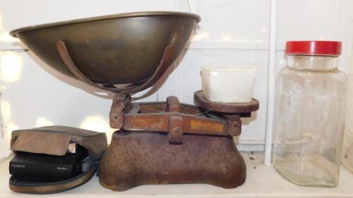 A Polaroid Land camera, grocer's scales and weights, and old sweet jar. (4)