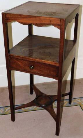 A Georgian mahogany night table, of two tier design, with single drawer, on X frame base, 80cm high, 37cm wide, 37cm deep.