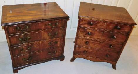 Two Georgian commodes, converted for modern usage, each with false drawers, one on splay legs, the other on bracket feet, 75cm high, 64cm wide, 47cm deep, bracket feet example, 72cm high, 70cm wide, 47cm deep.