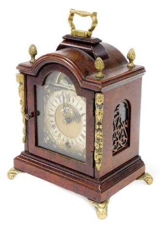 A Georgian style burr walnut miniature bracket clock, marked "John Smith London", with moon roller and timepiece movement, 24cm high.