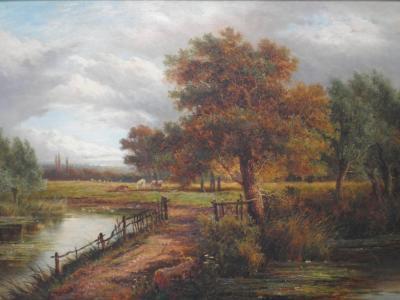 19thC British School. River landscape with cattle grazing - oil on canvas
