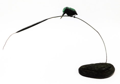 After David Matthews. A bronze study of a kingfisher perched on a bullrush, signed and dated 1996, mounted on a moulded wooden plinth base, 40cm high.