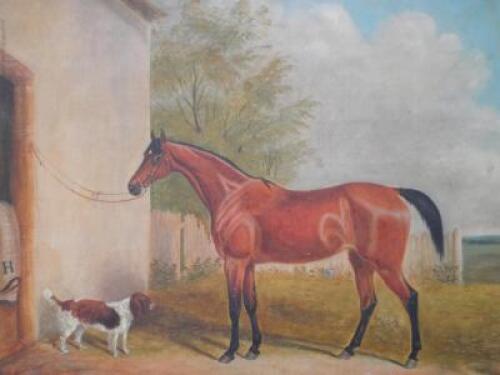 E G (19thC). Horse and spaniel outside stable - oil on canvas