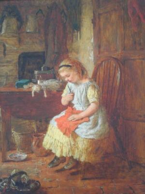 Robert W Wright (19thC). Child seated with toys - oil on board