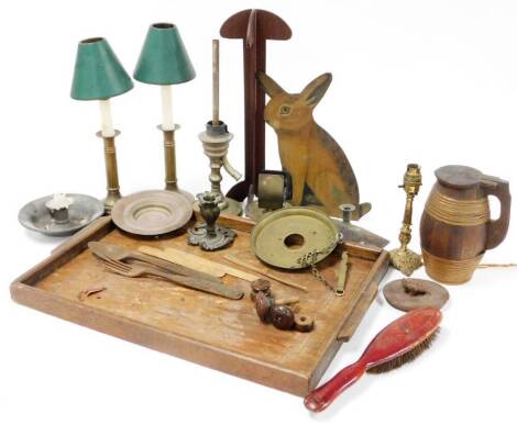 An oak rectangular tray, candlesticks, wooden flagon, metalware, painted rabbit silhouette, etc.