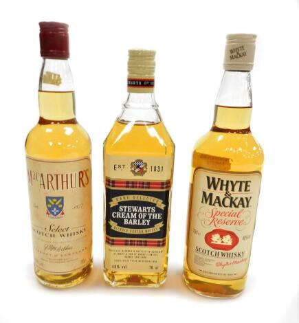 Three bottles of various Scotch whiskies, to include a Mac Arthur's Select Scotch whisky 70cl bottle, a Whyte & McKay Special Reserve 70cl and Stewarts Cream of The Barley 70cl bottle. (3)