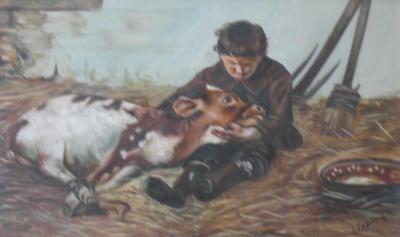 L Copson. A child nursing a calf within a stable and 19thC style landscape