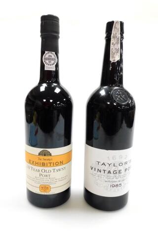 Two bottles of port, to include a Taylor's Vintage Port bottled in 1987 and dated 1985, together with a Society's Exhibition 10 year old Tawny port, 75cl bottle. (2)