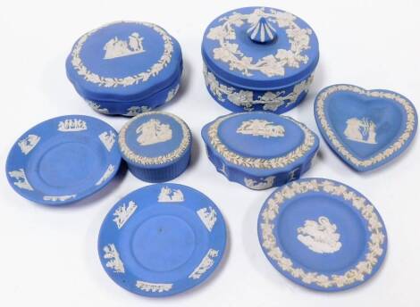 A group of blue Wedgwood Jasperware, to include trinket dishes, trinket boxes and a circular dome topped trinket box, 12cm wide. (a quantity)