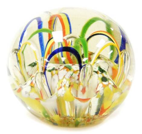 A mid 20thC glass paperweight, in colourful part ribboned decoration, 8cm high.