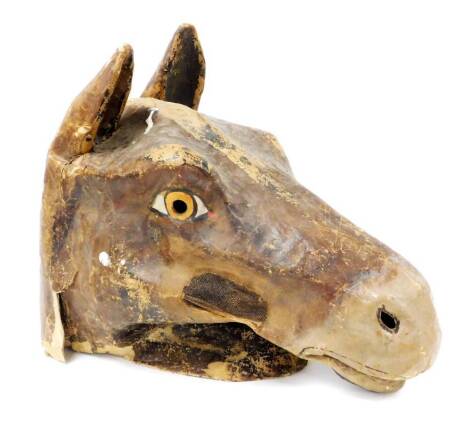 A papier mache donkey's head "Bottom" game mask for a Midsummer Nights Dream.