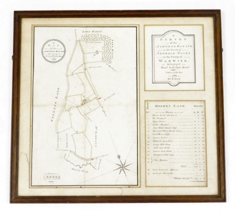 An 18thC engraving of a Survey of the Ashome Estate in the Parish of Newbold Pacey, in the county of Warwick belonging to Thomas Little Esq, taken in the year 1786 by E Sale, 35cm x 38cm.