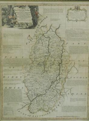 After Emanuel Bowen. An accurate map of Nottinghamshire, describing in Woapontakes and Divisions, later coloured, commissioned by Duke of Newcastle, 74cm x 55cm.