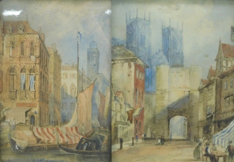 19thC English School. A view of York Minster through the stone gateway and Shambles with figures and a companion picture of a Venetian scene with boats and figures, watercolours, 27cm x 21cm and 27cm x 18cm respectively.