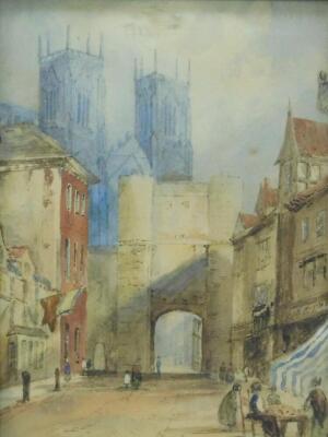 19thC English School. A view of York Minster through the stone gateway and Shambles with figures and a companion picture of a Venetian scene with boats and figures, watercolours, 27cm x 21cm and 27cm x 18cm respectively. - 3