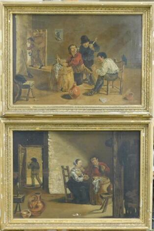 18thC/19thC Flemish School. A pair of tavern interior scenes with figures smoking and imbibing, oil on panel, 29cm x 42cm