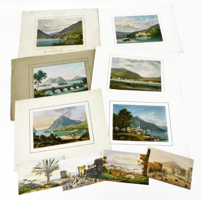 A collection of 19thC Continental engravings of Italian landscapes, of Lake Como, etc, all with later hand coloured decoration. (10)