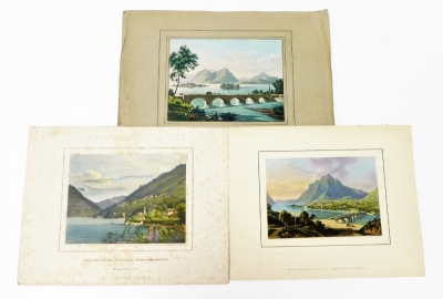 A collection of 19thC Continental engravings of Italian landscapes, of Lake Como, etc, all with later hand coloured decoration. (10) - 3