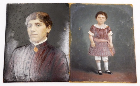 Two 19thC over painted prints, comprising a portrait of a lady (quarter profile), over painted prints, unsigned, 41cm x 33cm and a portrait of a girl, possibly the sitter in the former picture at a younger age, over painted prints. (2, each unframed, AF)