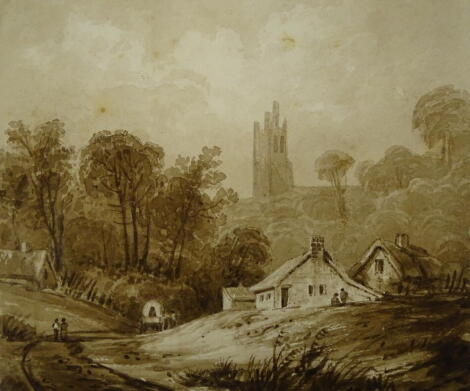 Thomas Sidney Cooper RA (1803-1902). Wooded rural landscape with cottages and tower on the horizon, sepia wash, 12.5cm x 15cm. A lesson to D W Coit. Provenance: Goodacre Collection No 210.